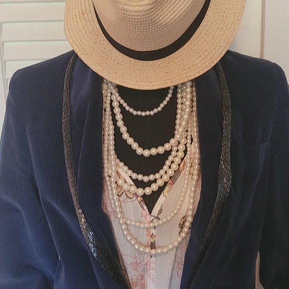 Ann Taylor Factory Fedora Straw Hat w/ Classic Black Ribbon Gold Flecks! - Picture 4 of 7